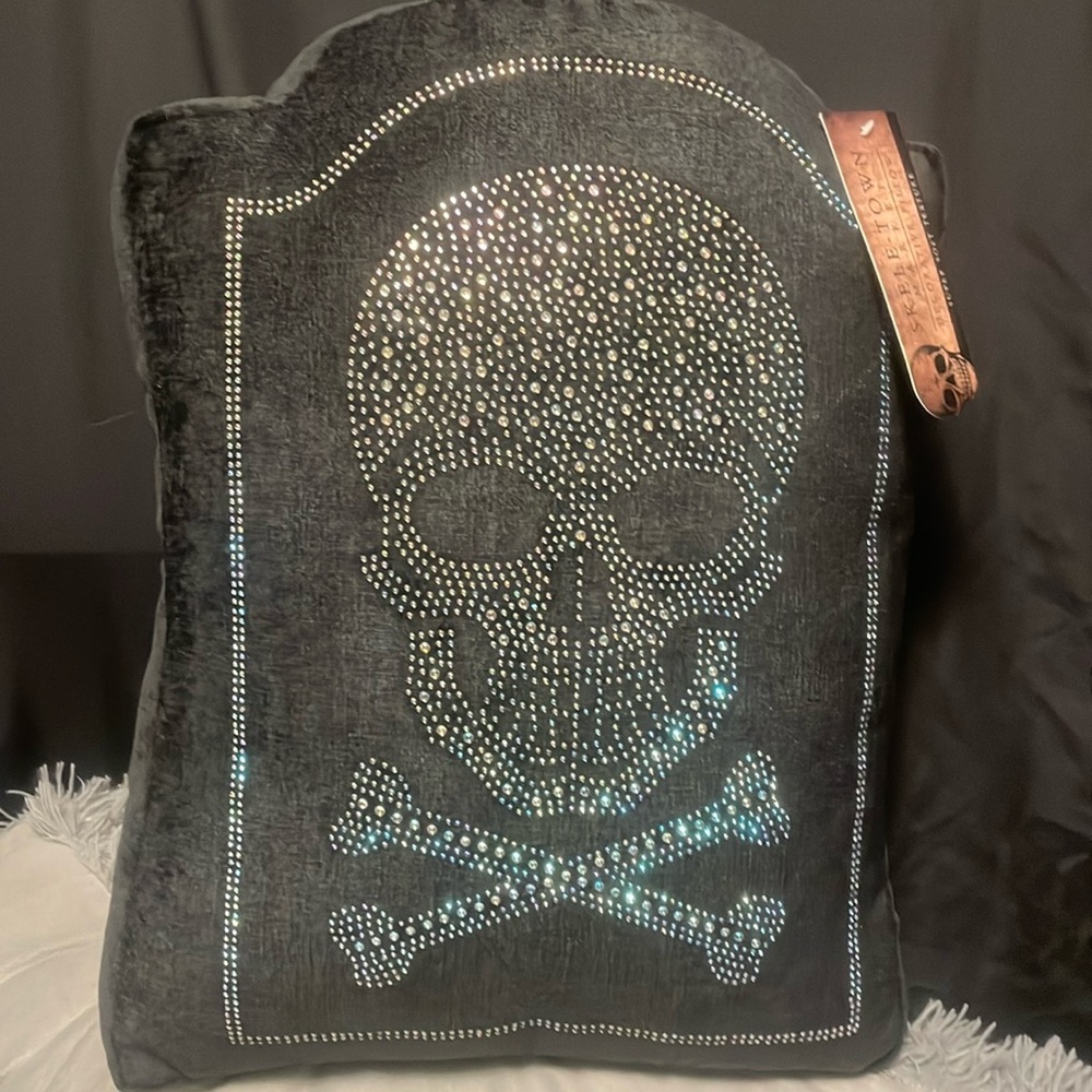 Skeleton-Town Market Rhinestone Skull Headstone Throw Pillow - New with Tags